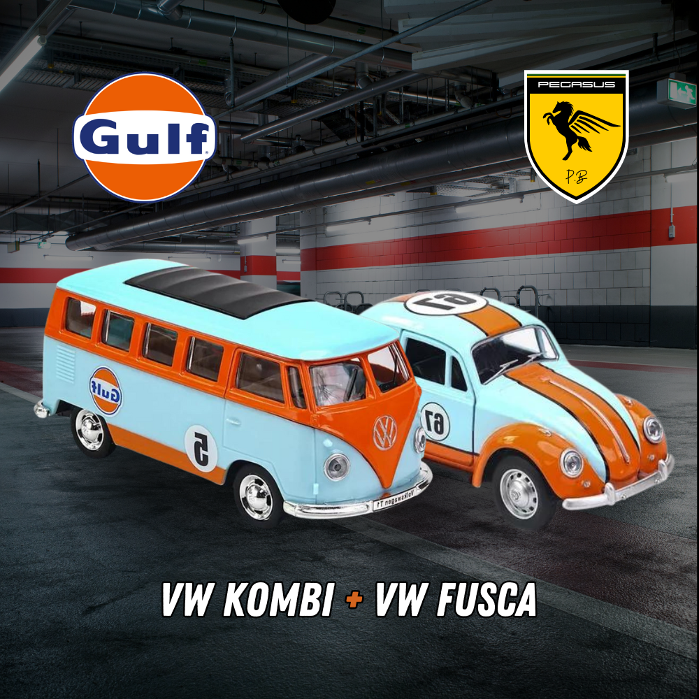 Kit Gulf - Miniatura VW Kombi + VW Fusca Escala 1/43 CCA + Miniatura Brinde - PegasusMiniaturas®